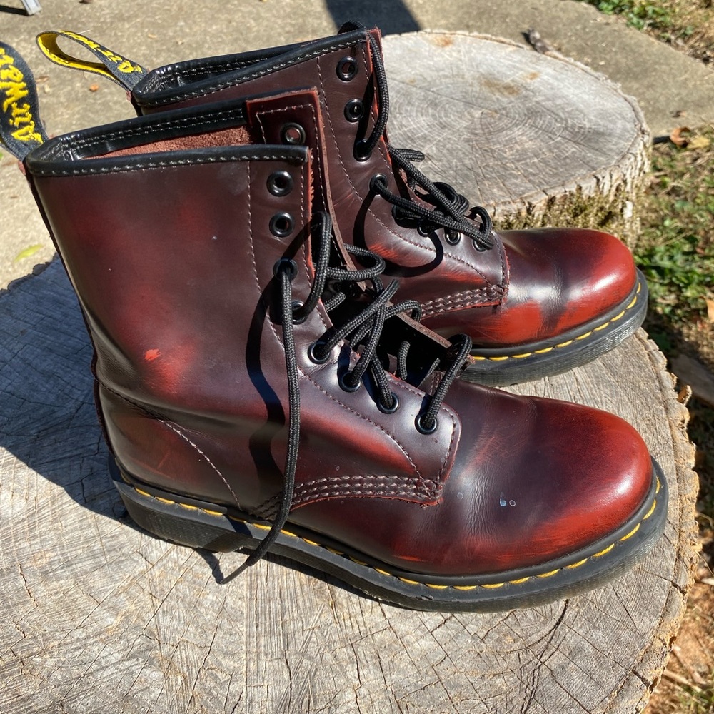 Dr. Martens 1460, 8 eye Vegan boots in cherry red. Size US 7, UK 6, EU 38